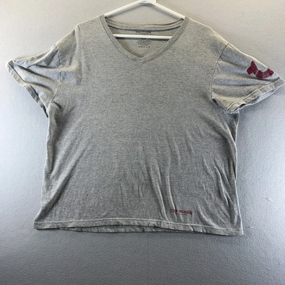 True Religion Mens V-Neck T-Shirt Gray Short Sleeve Logo Graphic Tee Large